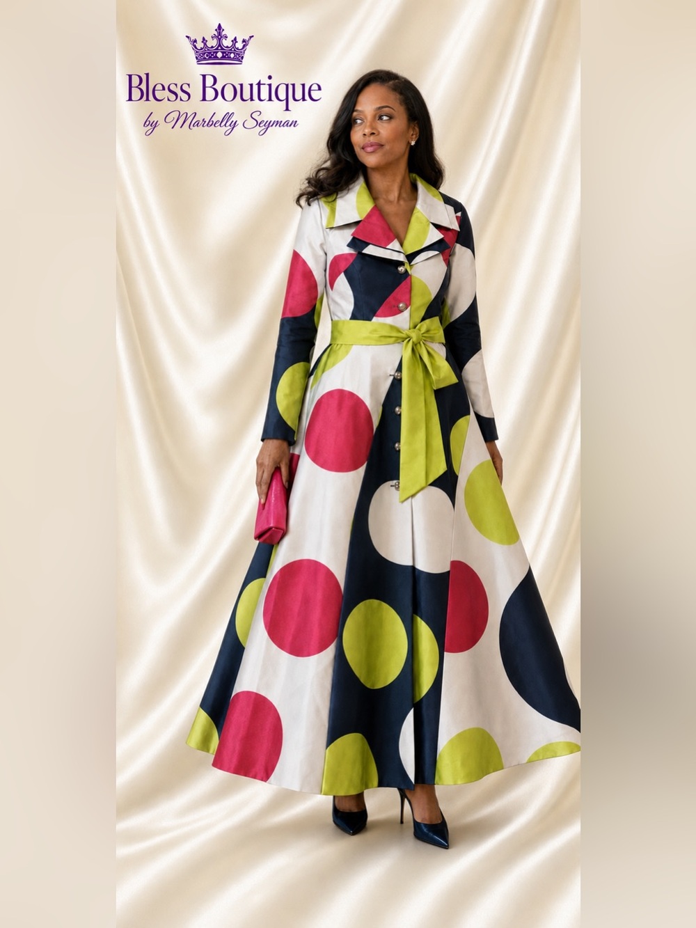 EY Boutique Size 8 Geometric Polka Dot Maxi Coat Dress Belted